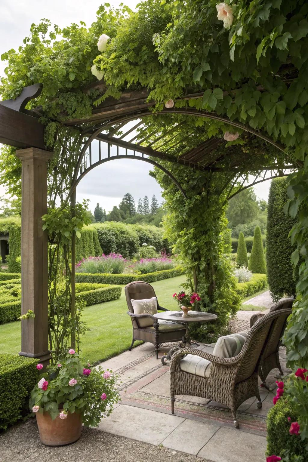 A serene spot for unwinding beneath a vine-draped pergola.