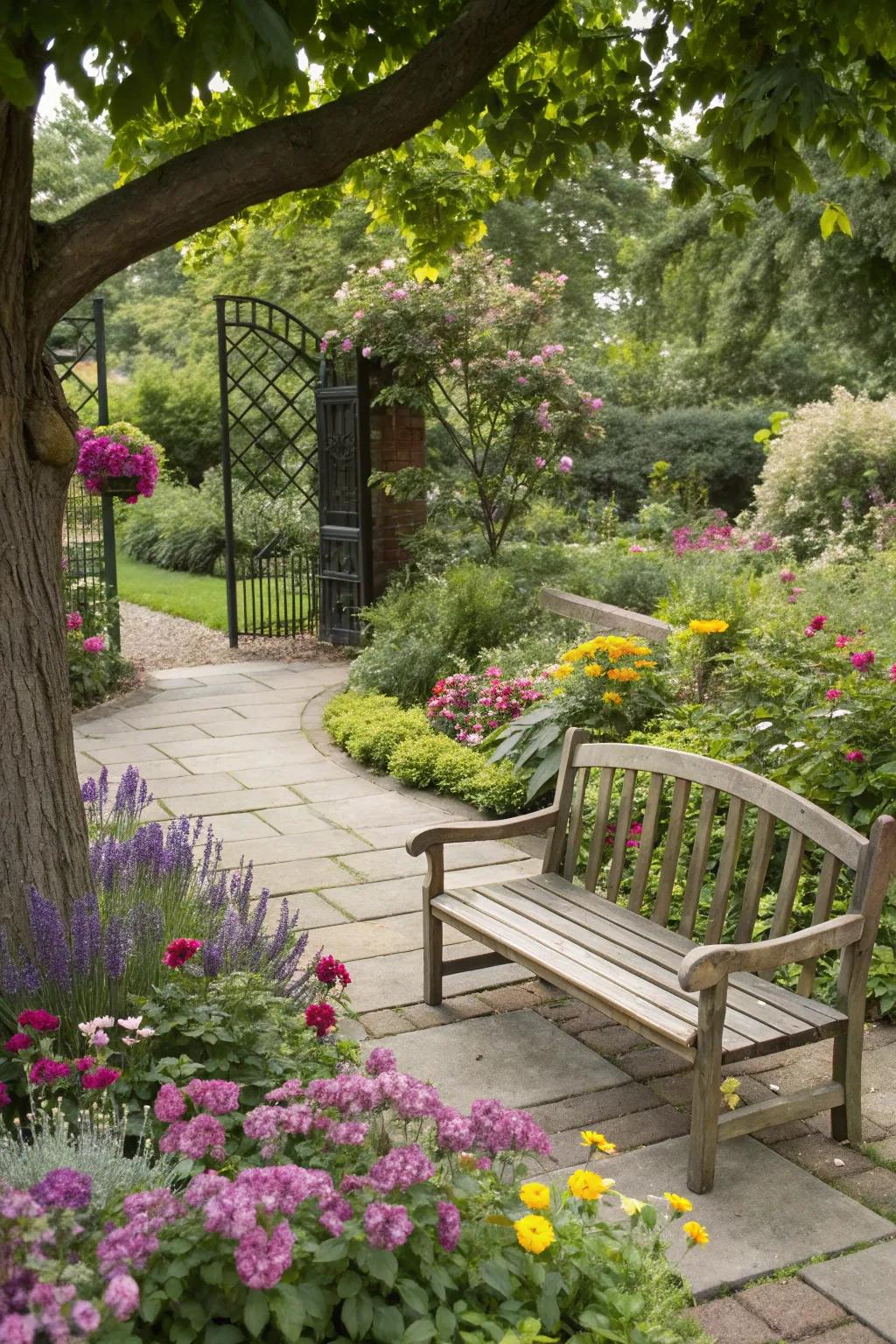 An inviting garden lounging spot with a timber seat bordered by vibrant flowers.