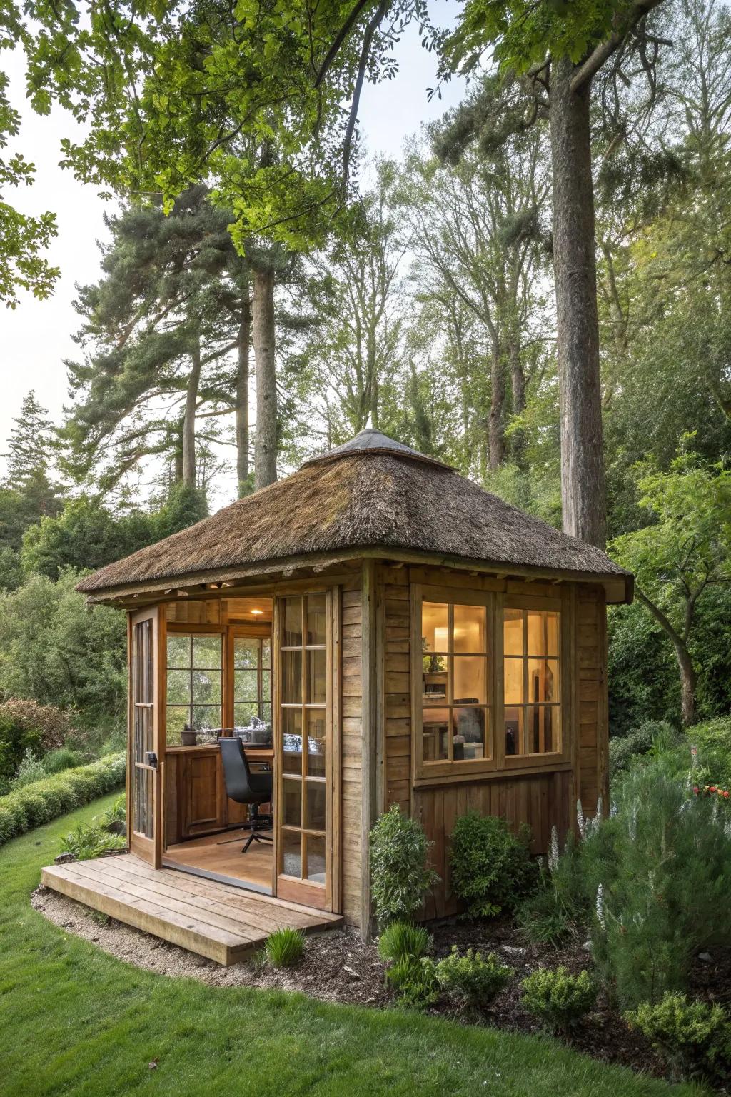A charming wooden retreat nestled in the garden, harmonizing beautifully with its natural backdrop.