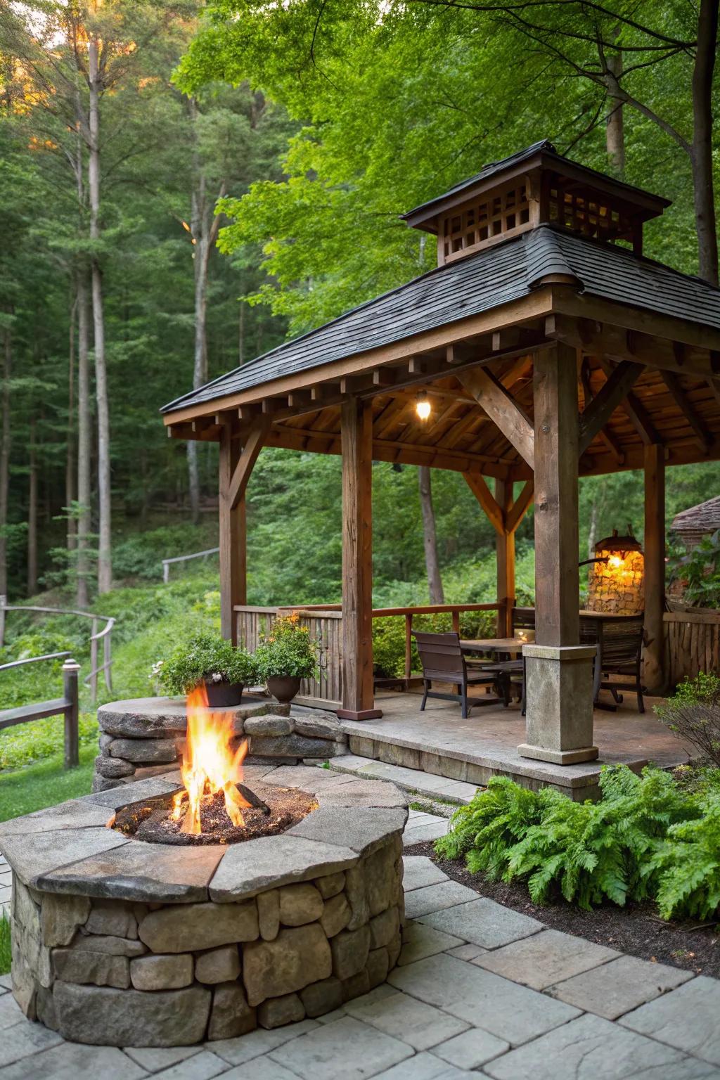 Rustic charm with a wooden gazebo and stone fire pit.
