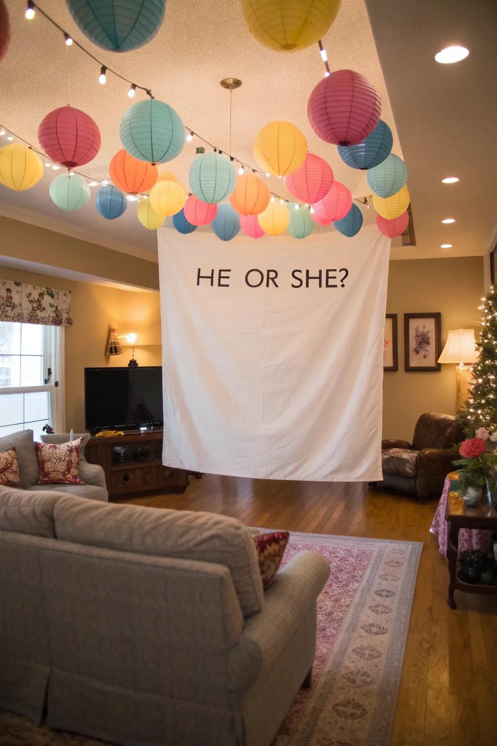 Delightful banners and signs pave the path for a remarkable gender reveal.