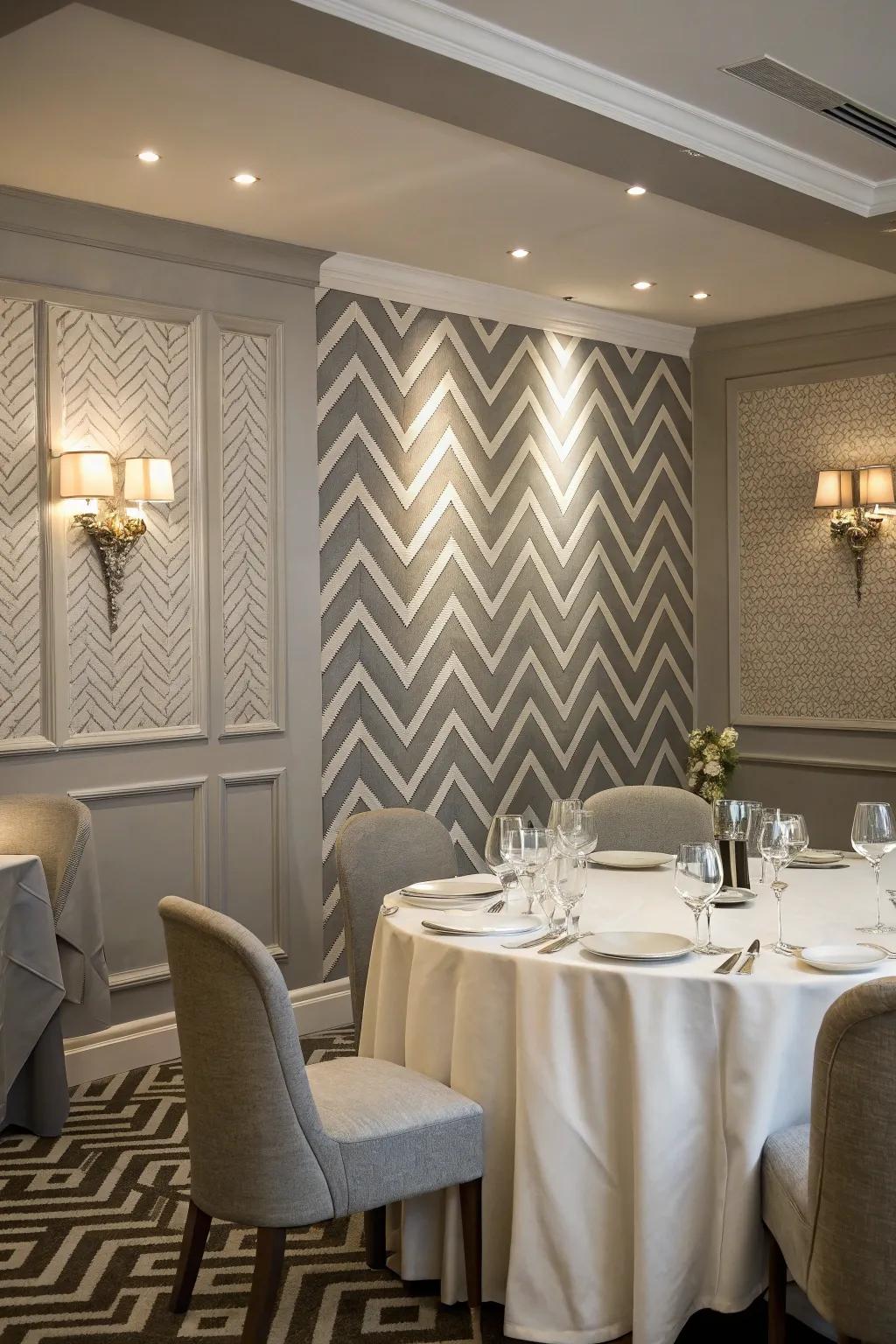 Sophisticated chevron patterns for a dining area.