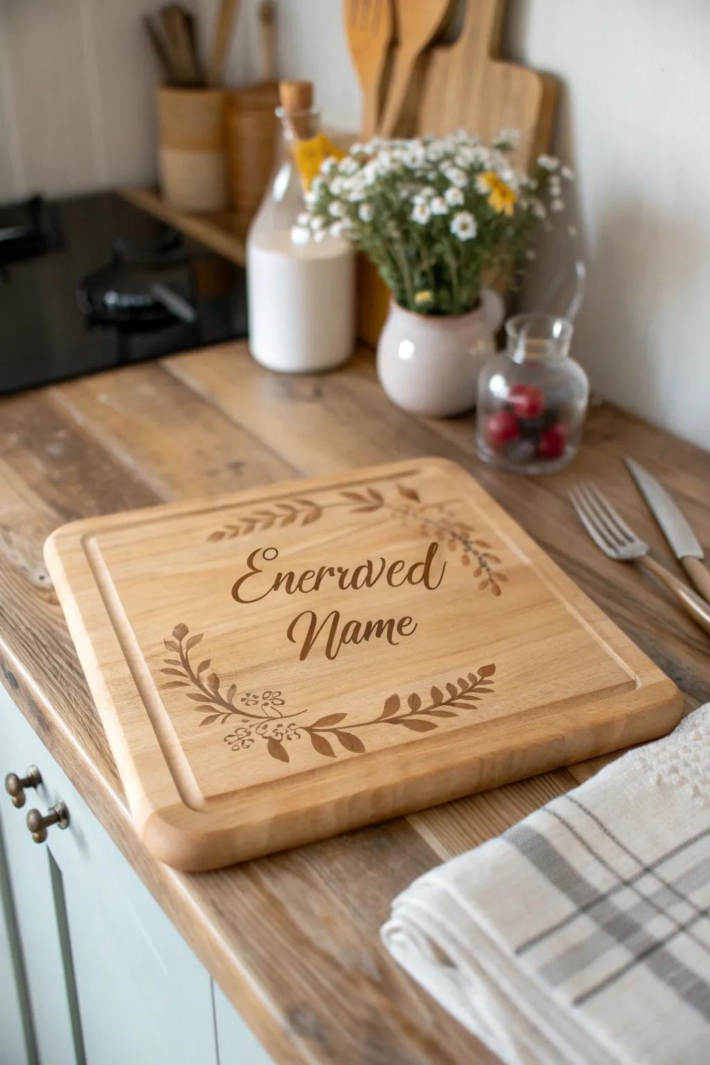 A beautifully engraved cutting board that adds a personal touch to meal prep.