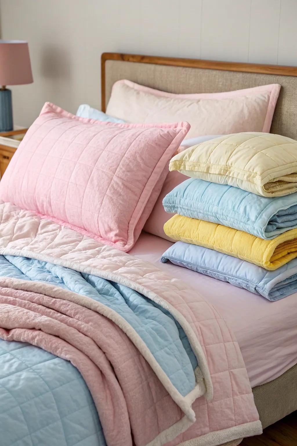 Layered bedding in pastel shades for ultimate comfort.