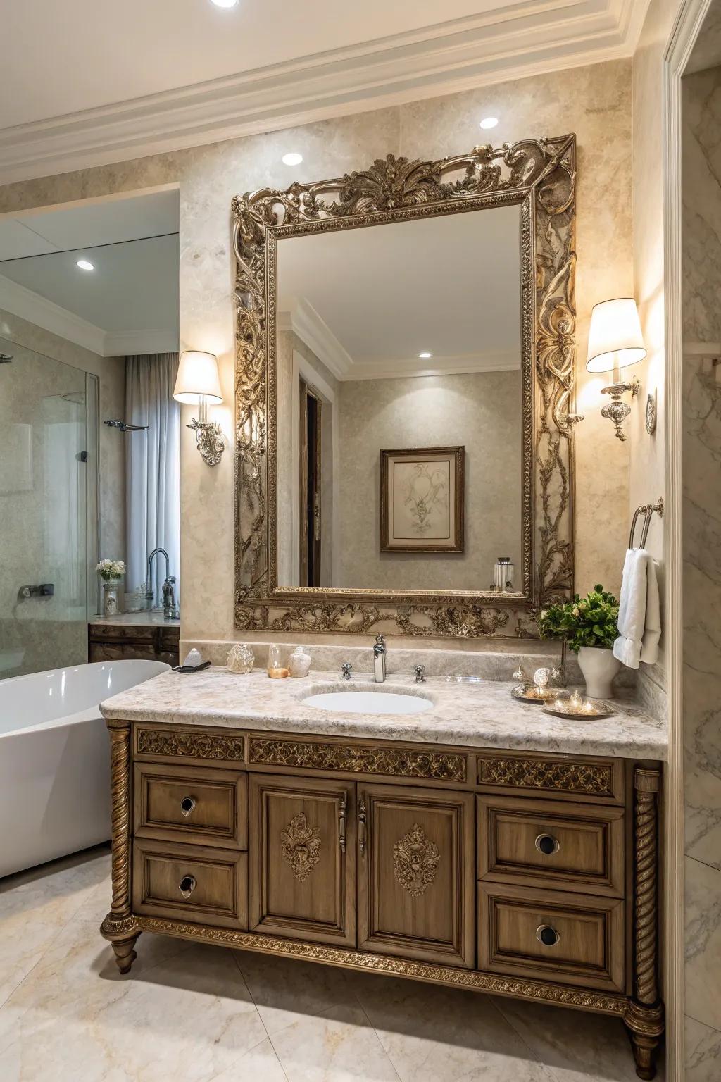 A lavish bathroom featuring a large ornate looking glass above a marble countertop.