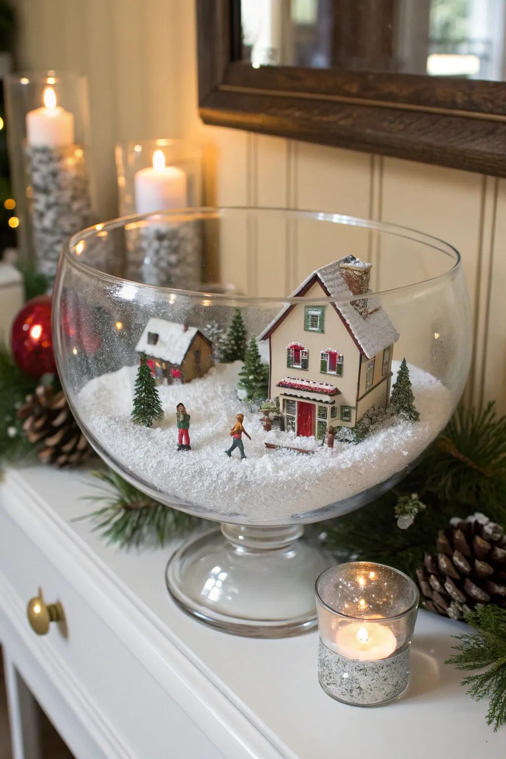 An enchanting wintry hamlet tableau inside a crystal vessel.