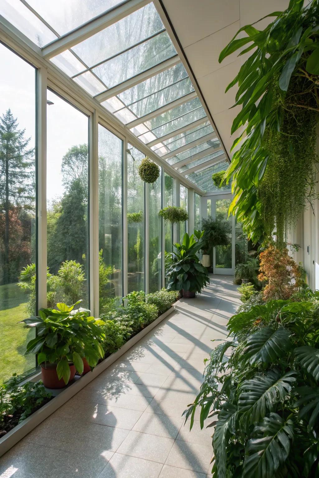 A serene, lush environment achieved within a glass extension.