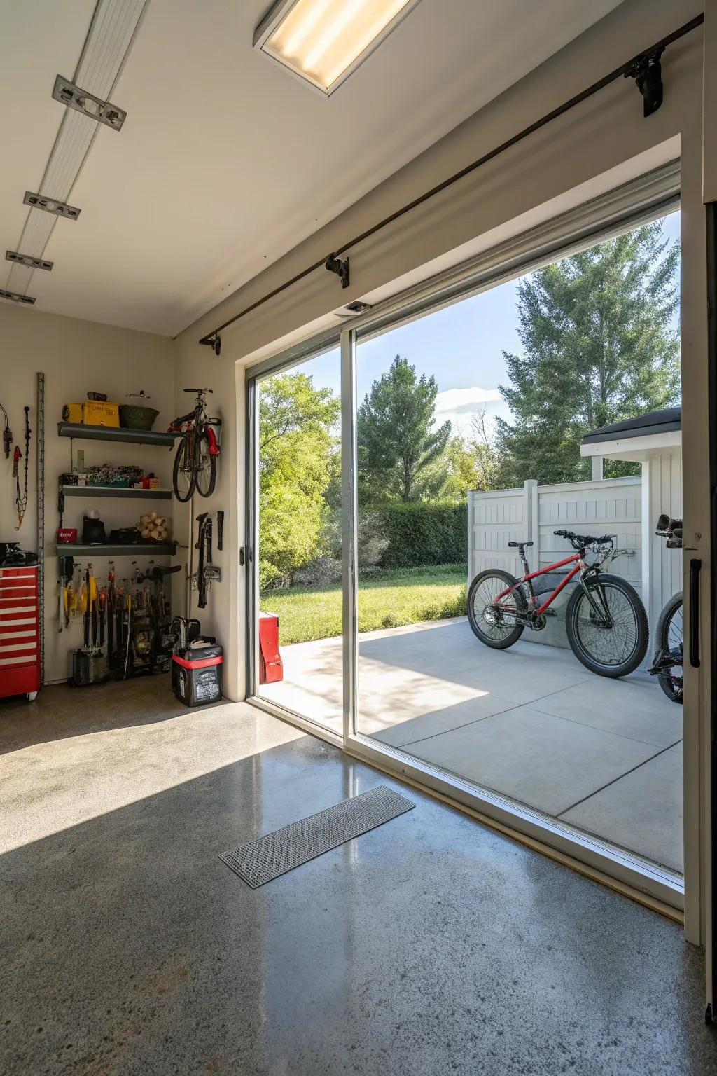 A glass garage door enhances the natural brightness of a garage space.