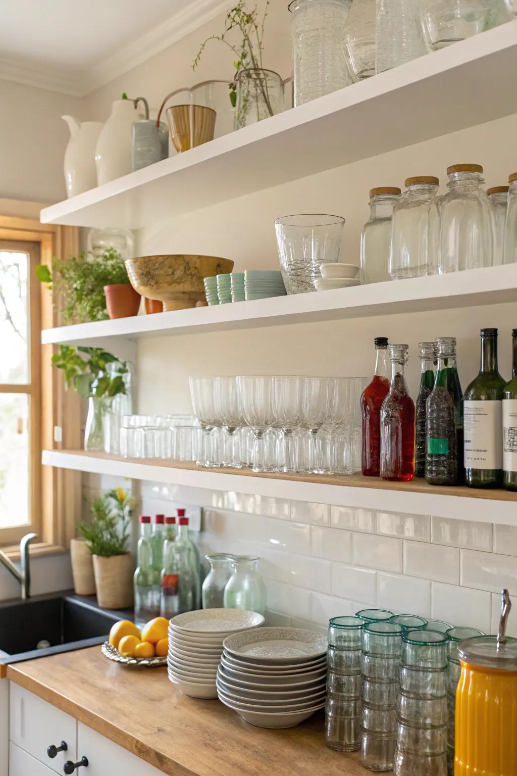 Exposed shelves showcasing diverse glassware in a sunlit kitchen.