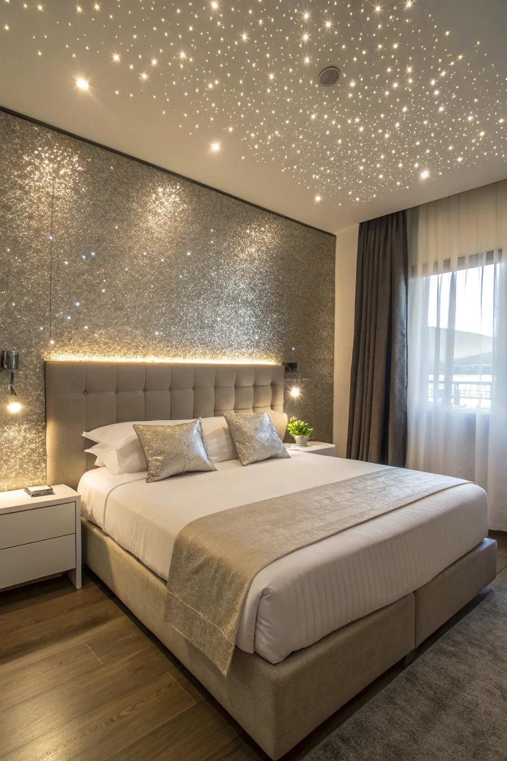 A glitter accent wall imparts an ethereal quality to a bedroom.