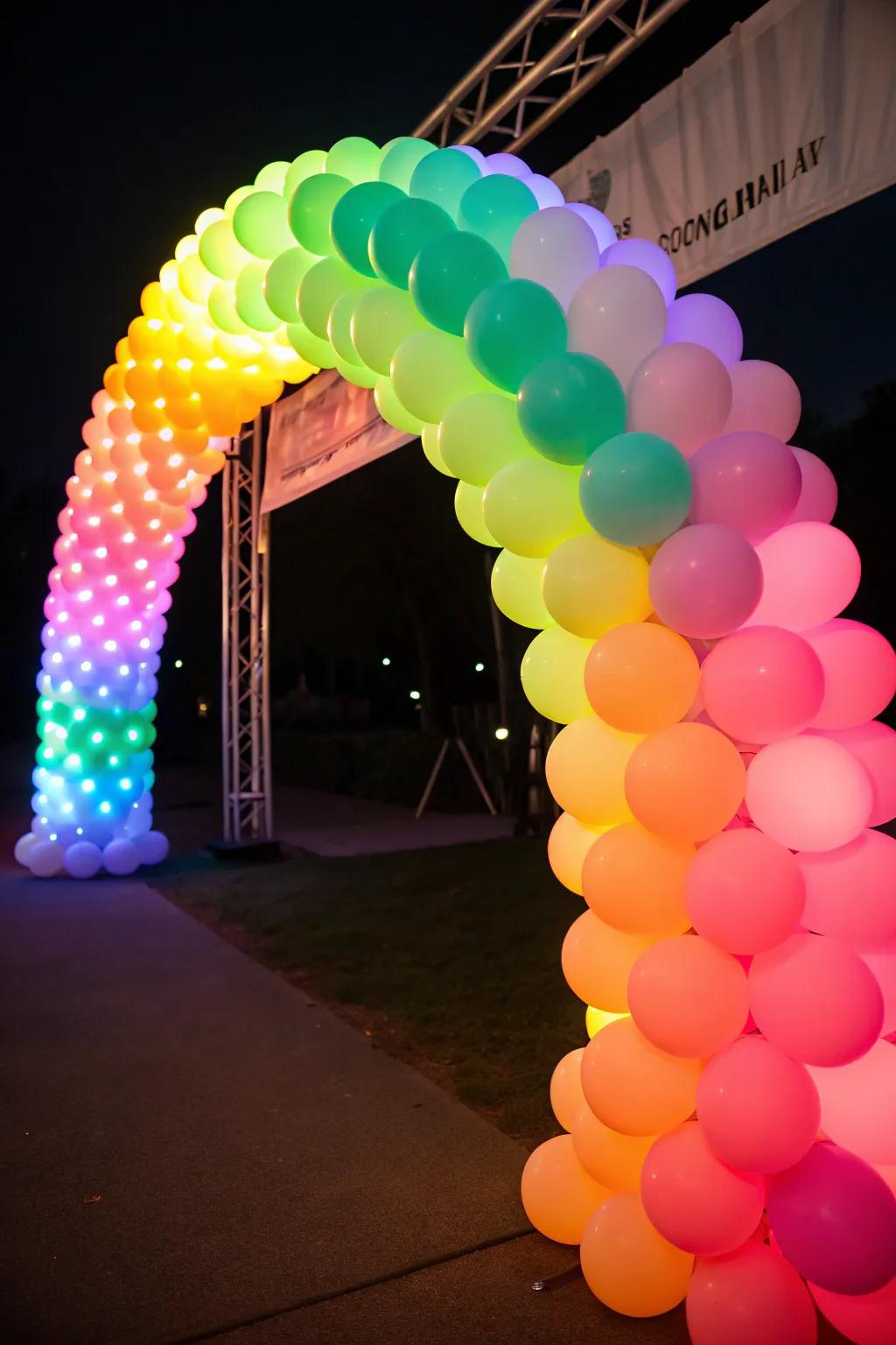 Design a captivating centerpiece with a neon balloon arch.