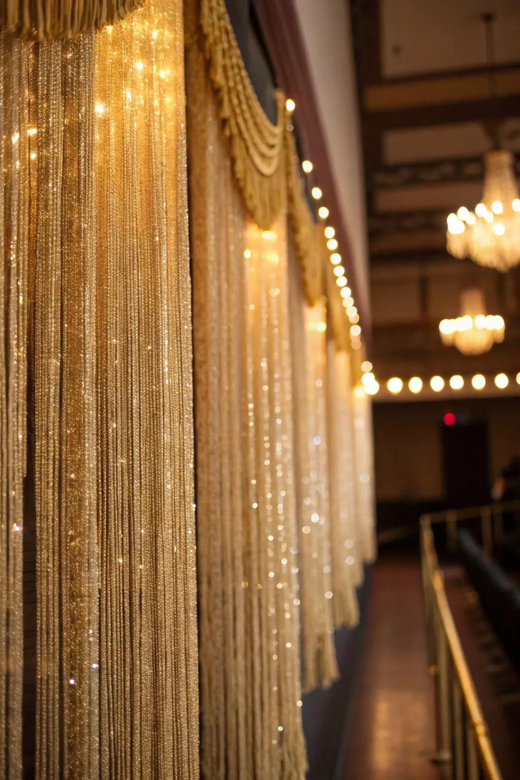 Gleaming tassel drapes offer a sparkling backdrop perfect for unforgettable photos.