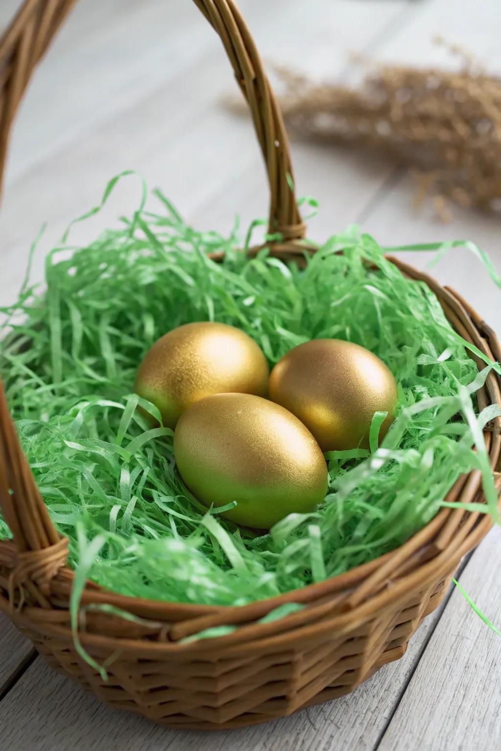 Gilded eggs shimmer against a foundation of bright emerald confetti.