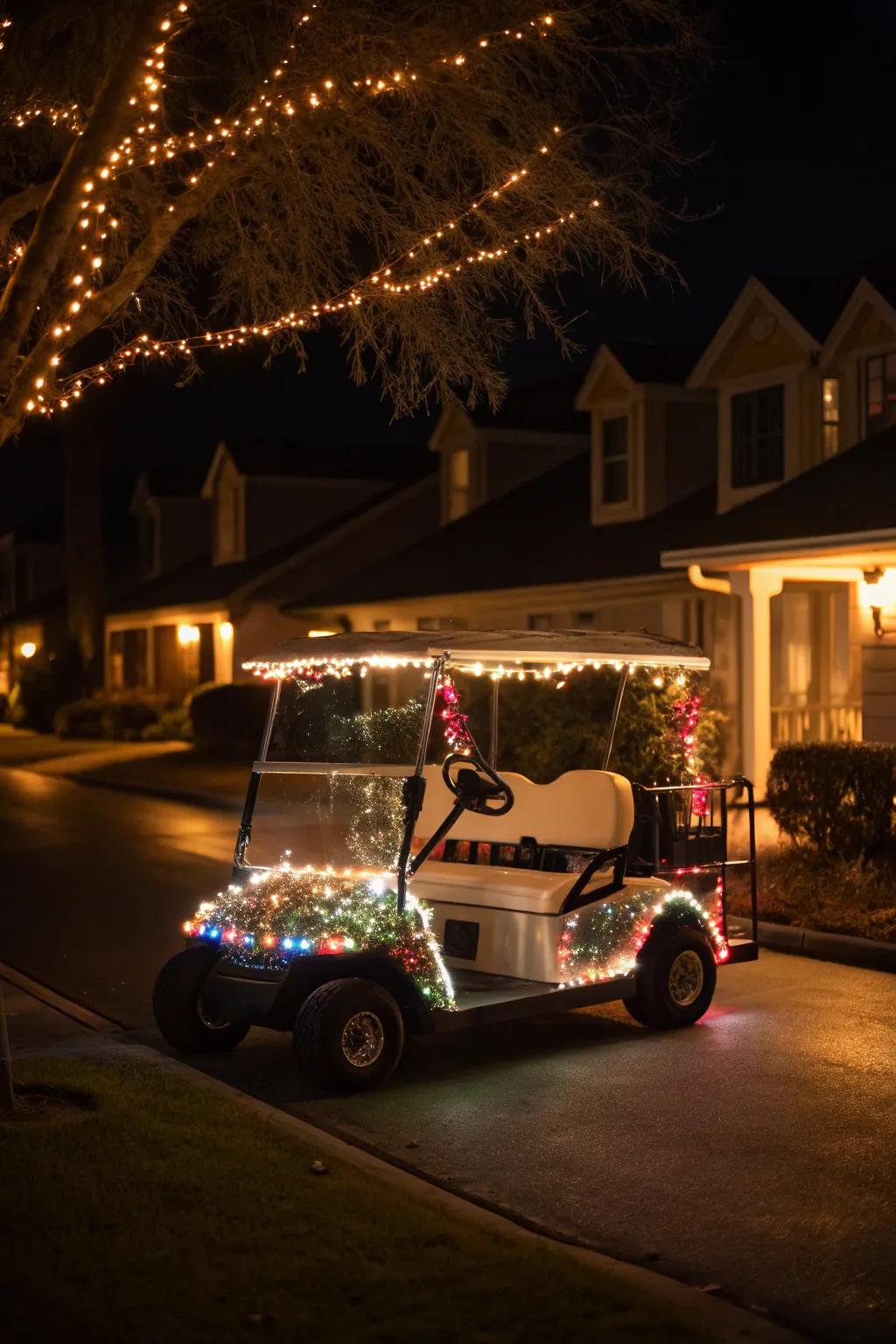 A golf cart radiating festive string lights.