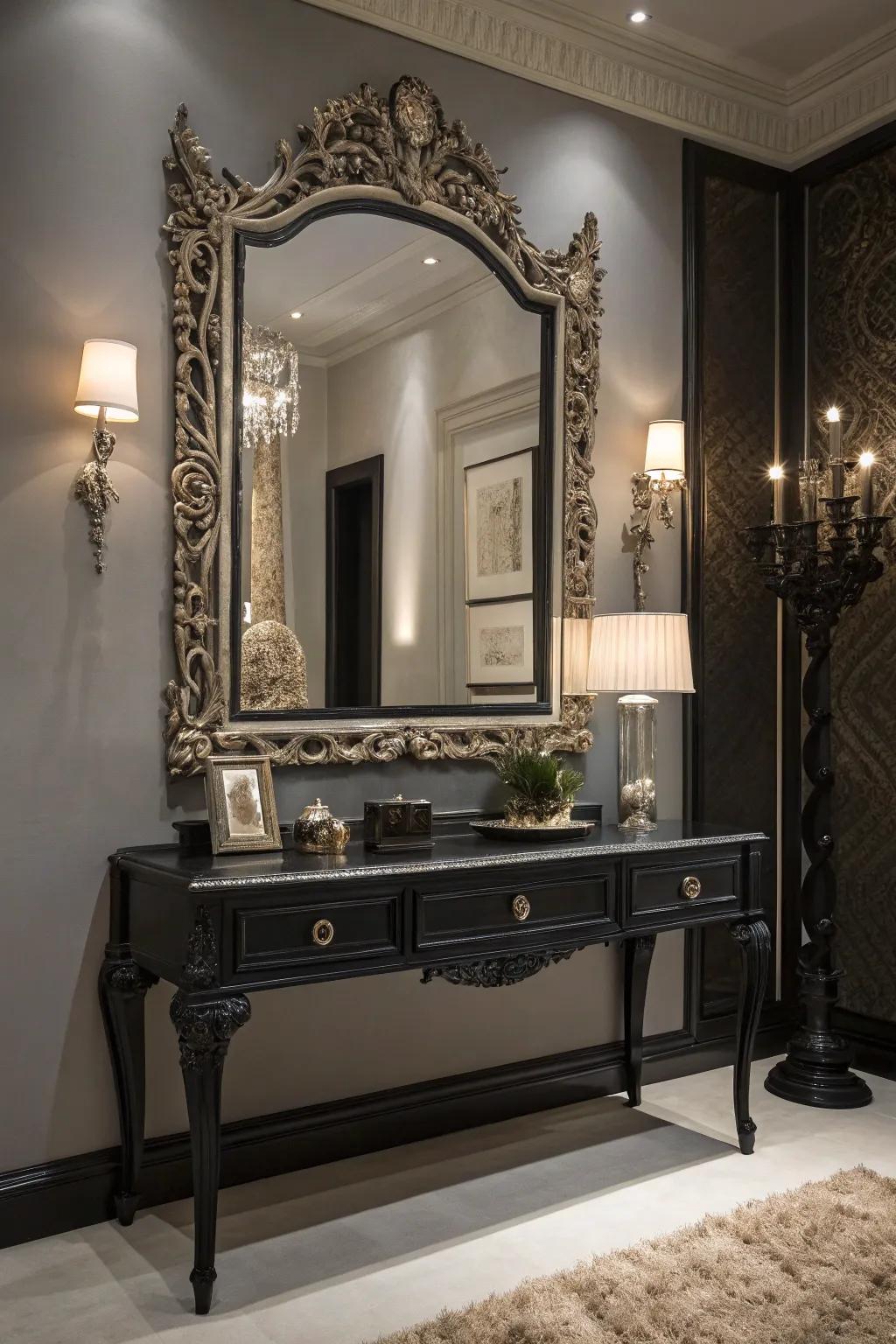 A fancy mirror frame introduces elegance and dimension to your vanity arrangement.