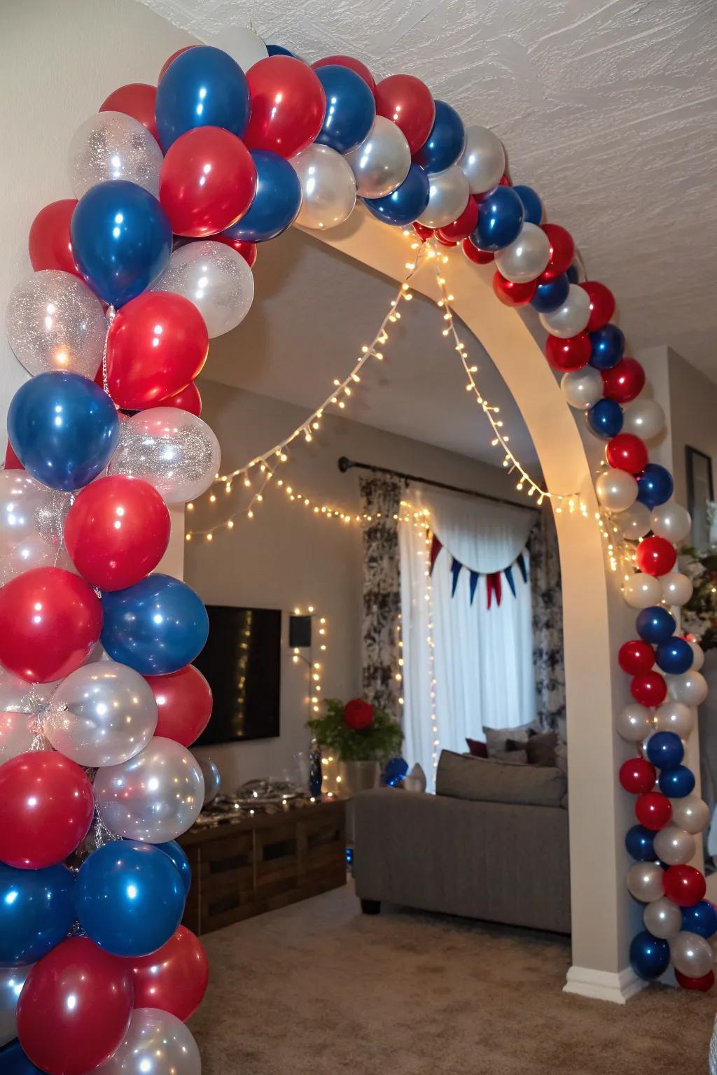 Dynamic and bold crimson and azure balloon garland suitable for celebrations.
