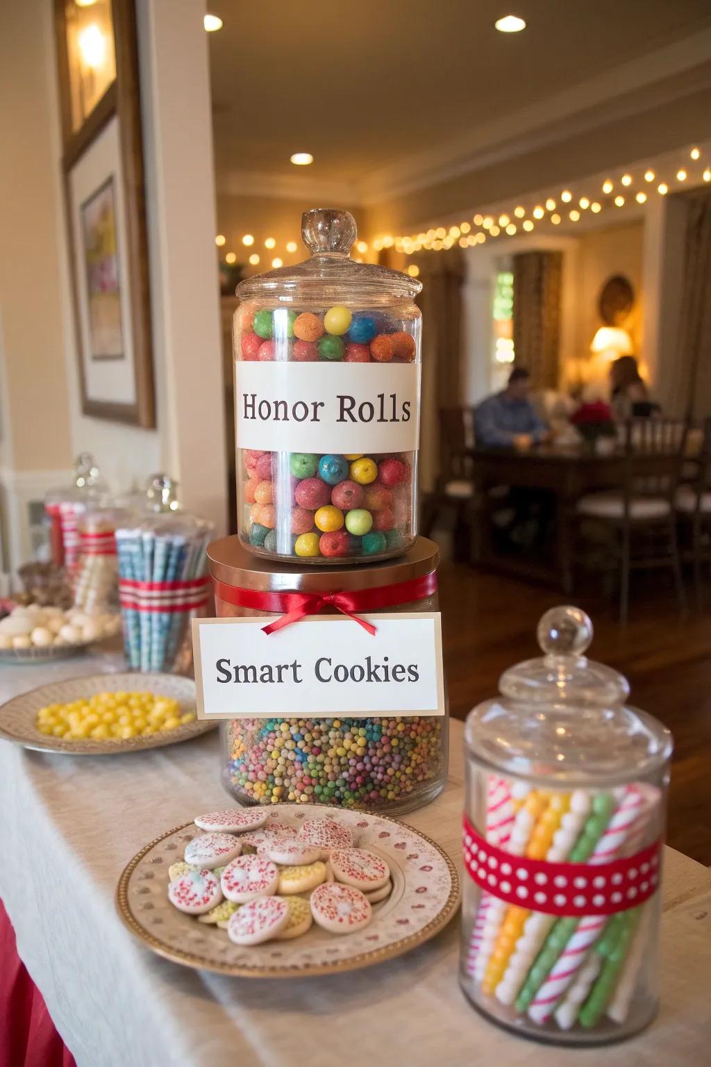 Whimsical candy names inject a playful aspect into your graduation arrangement.