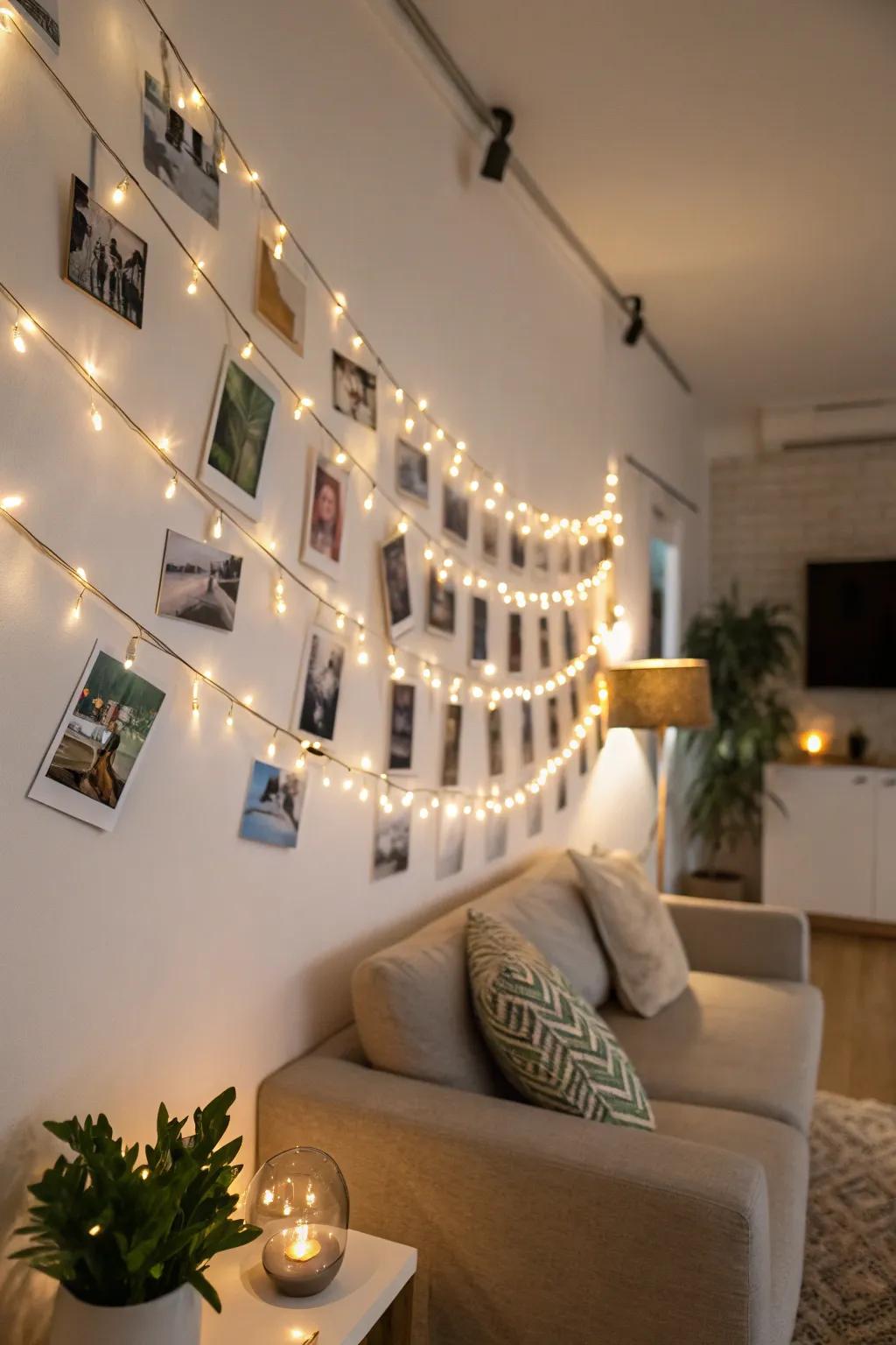 A twine and clips display complemented by fairy lights crafts a welcoming and warm vibe.