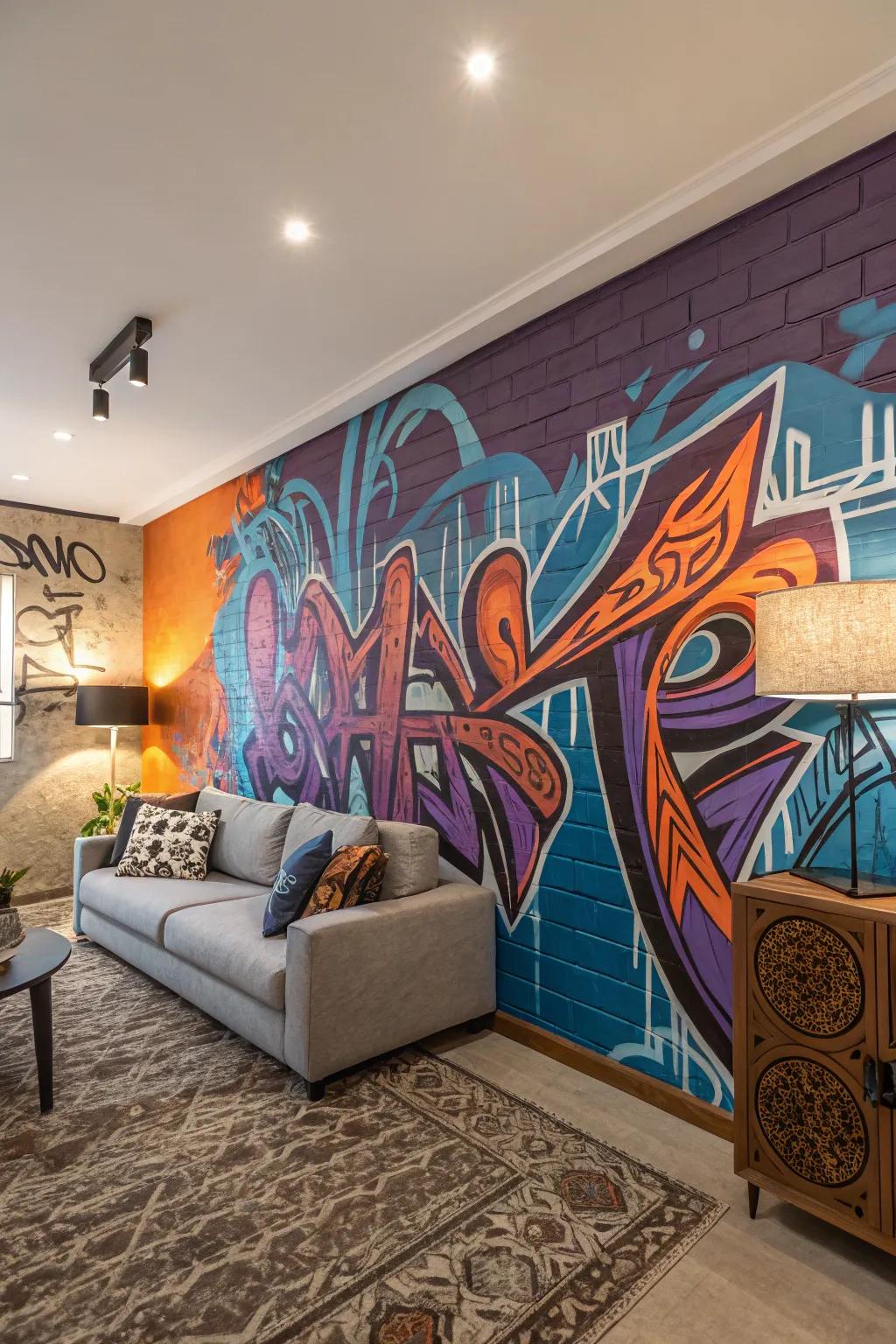 A vibrant graffiti mural injecting a dose of color into a living room