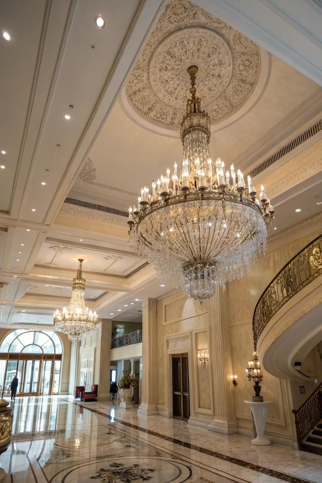 A decorative chandelier shines in an impressive foyer, infusing grace and warmth.