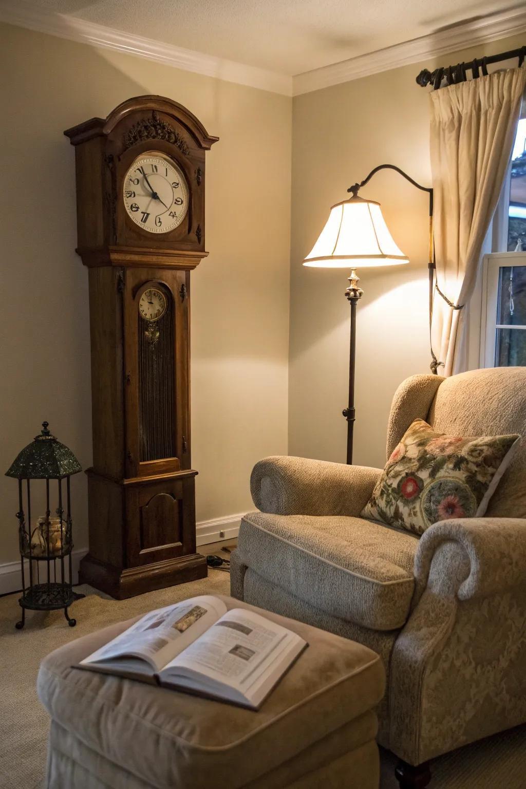 An inviting nook, featuring a time-honored sentinel, becomes the quintessential spot for reading.