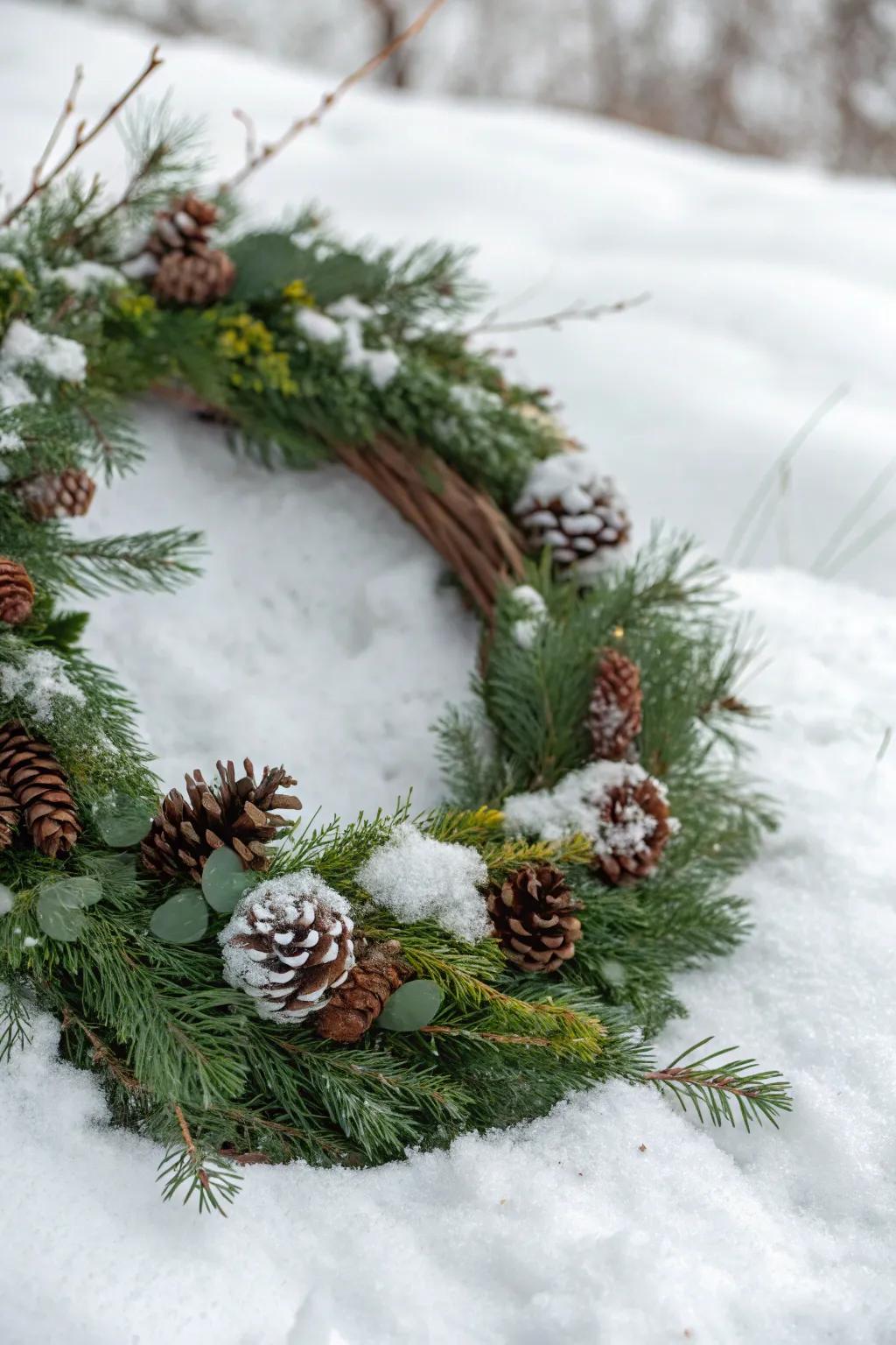 A winter-centric grapevine wreath presenting evergreens and pinecones.