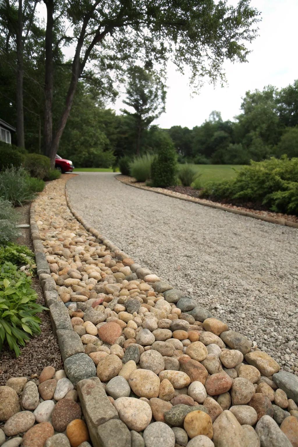 Natural stone accents contribute ageless grace to the driveway.
