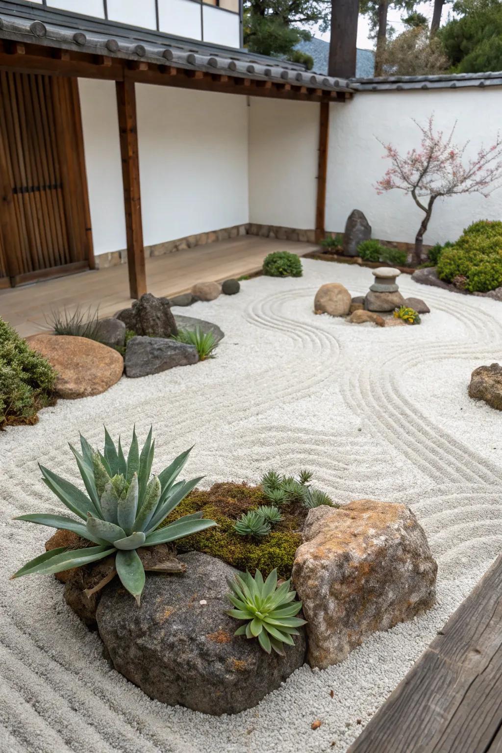 A Zen-style gravel garden bed featuring succulents