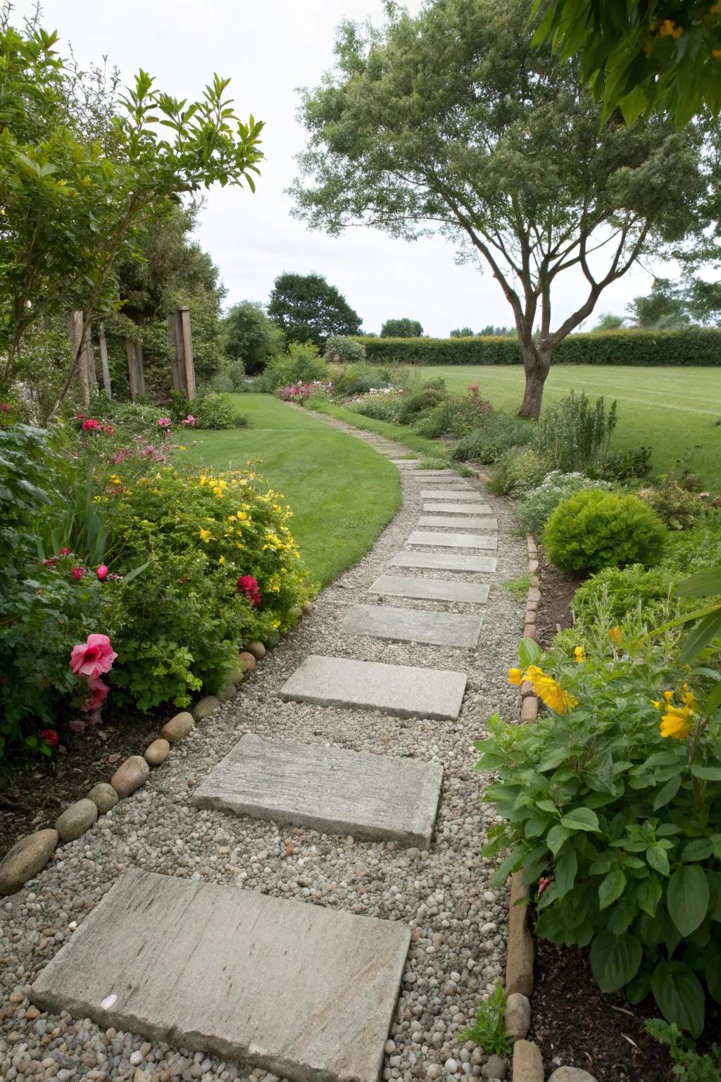 A charming chippings route with stepping stones meanders through a garden.