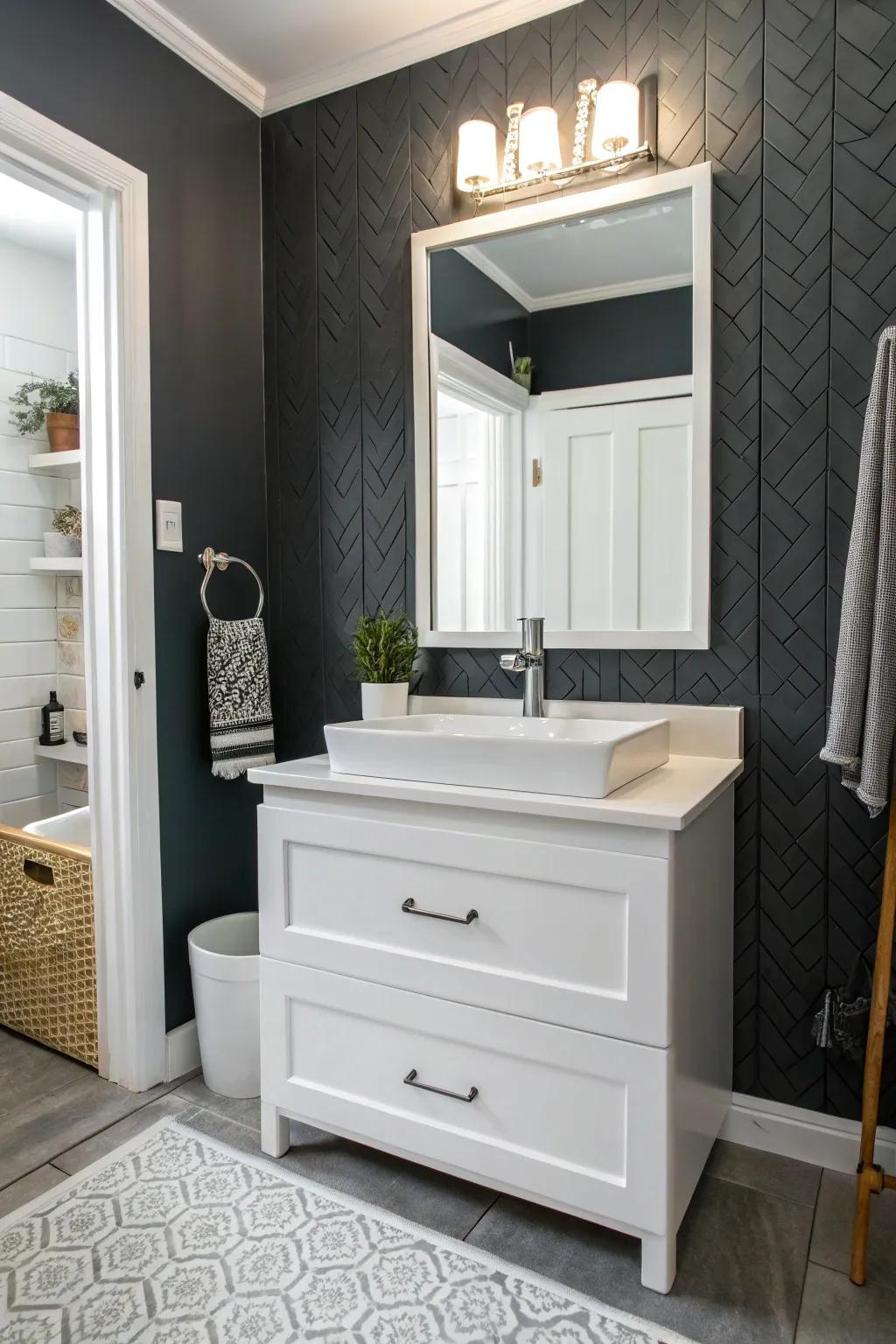 A dark gray focus wall introduces depth to this radiant lavatory.
