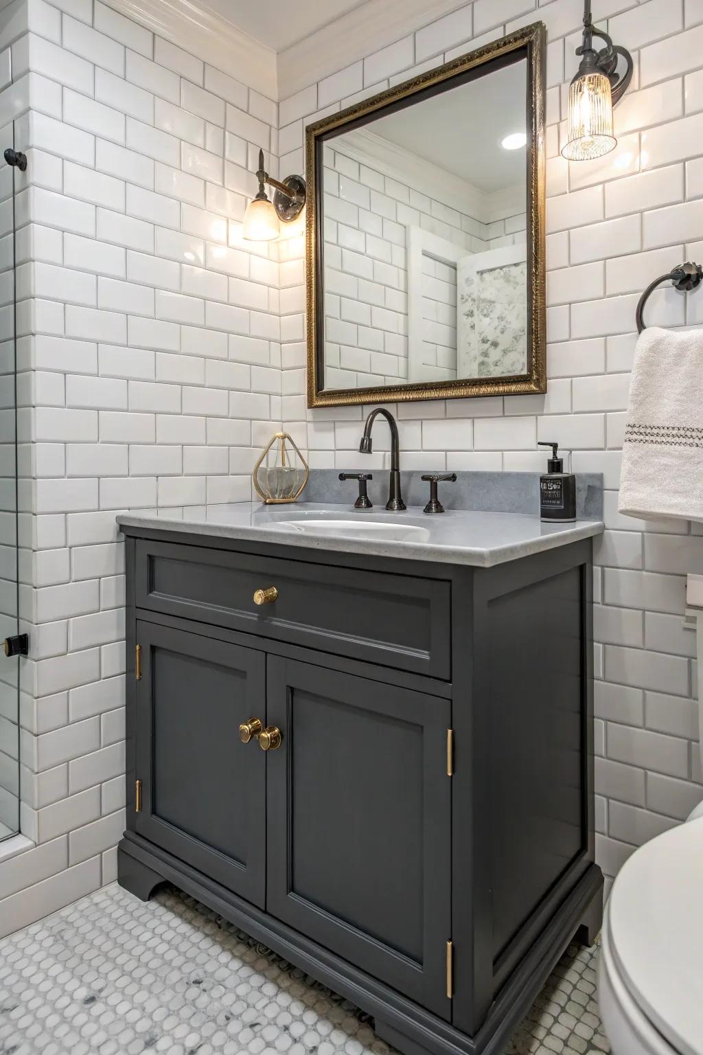 A dark gray vanity creates a dramatic contrast against crisp white tiles.