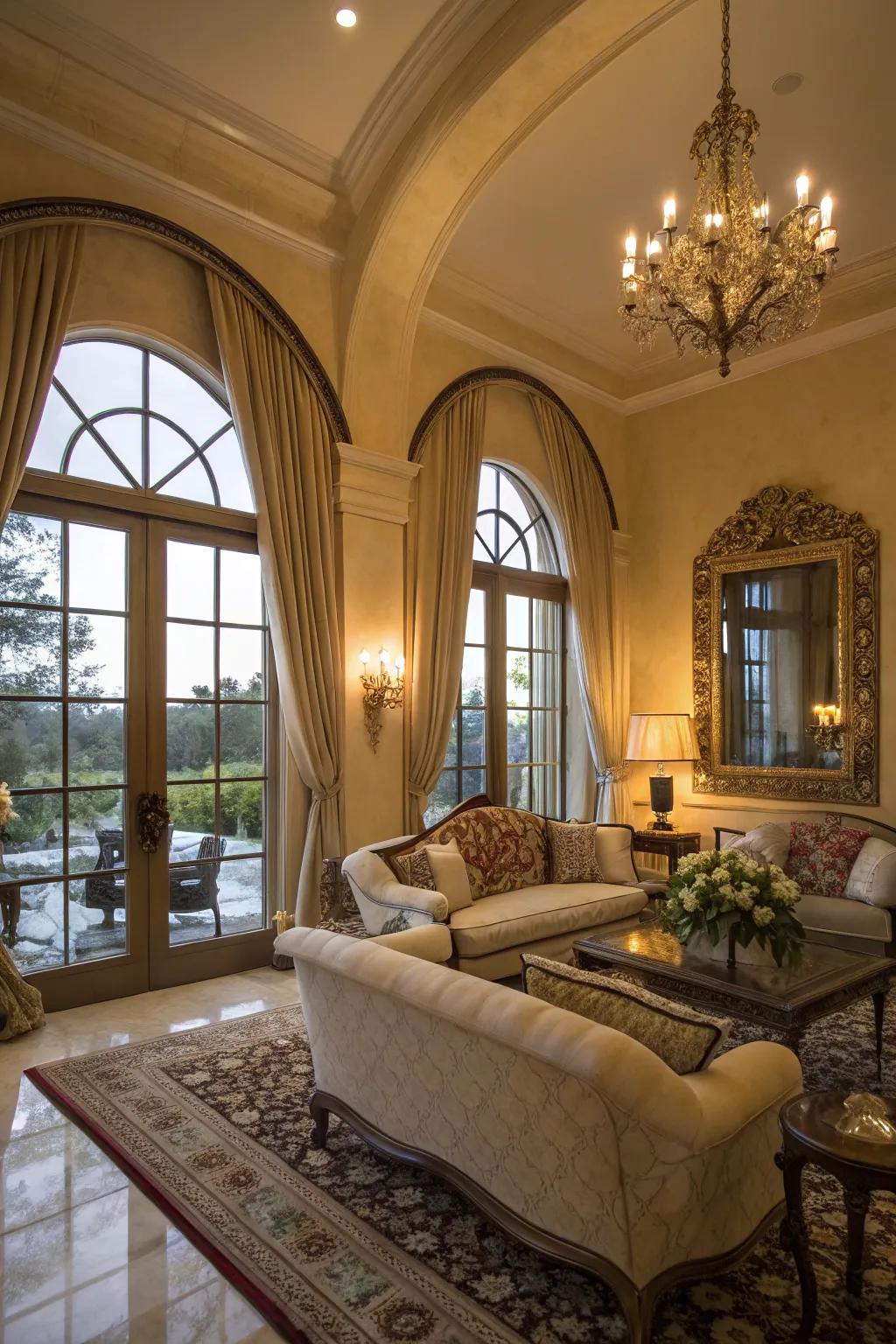 An inviting living room accentuated by the sophistication of arched windows.