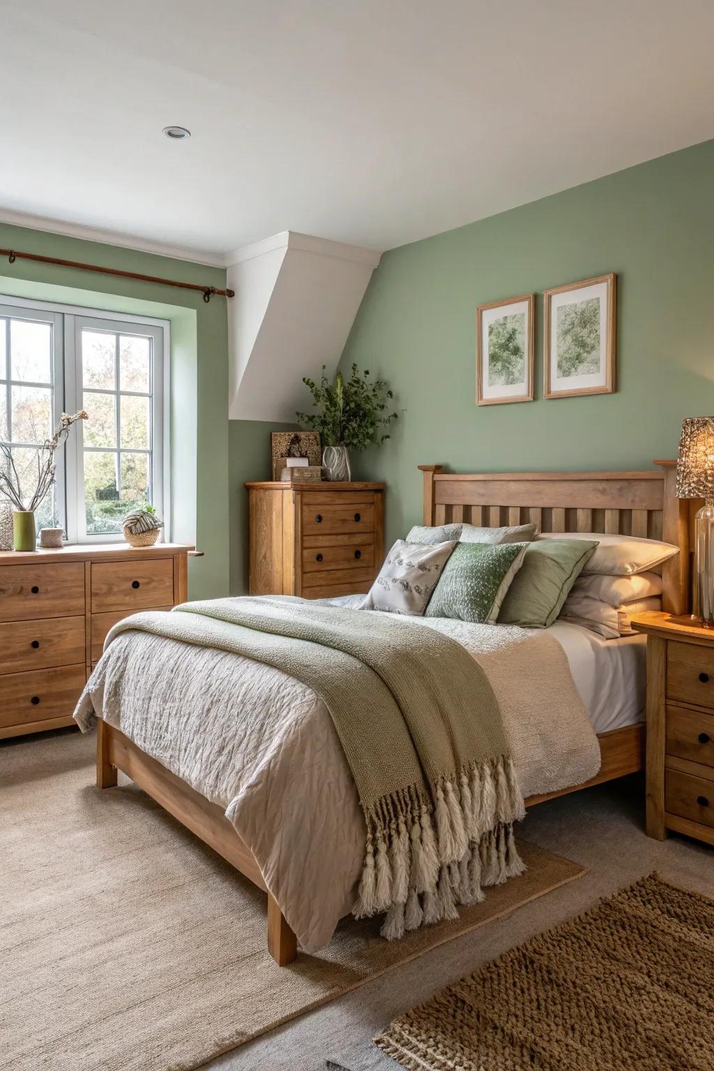 A gentle green wall establishes a calm atmosphere in this serene bedroom.