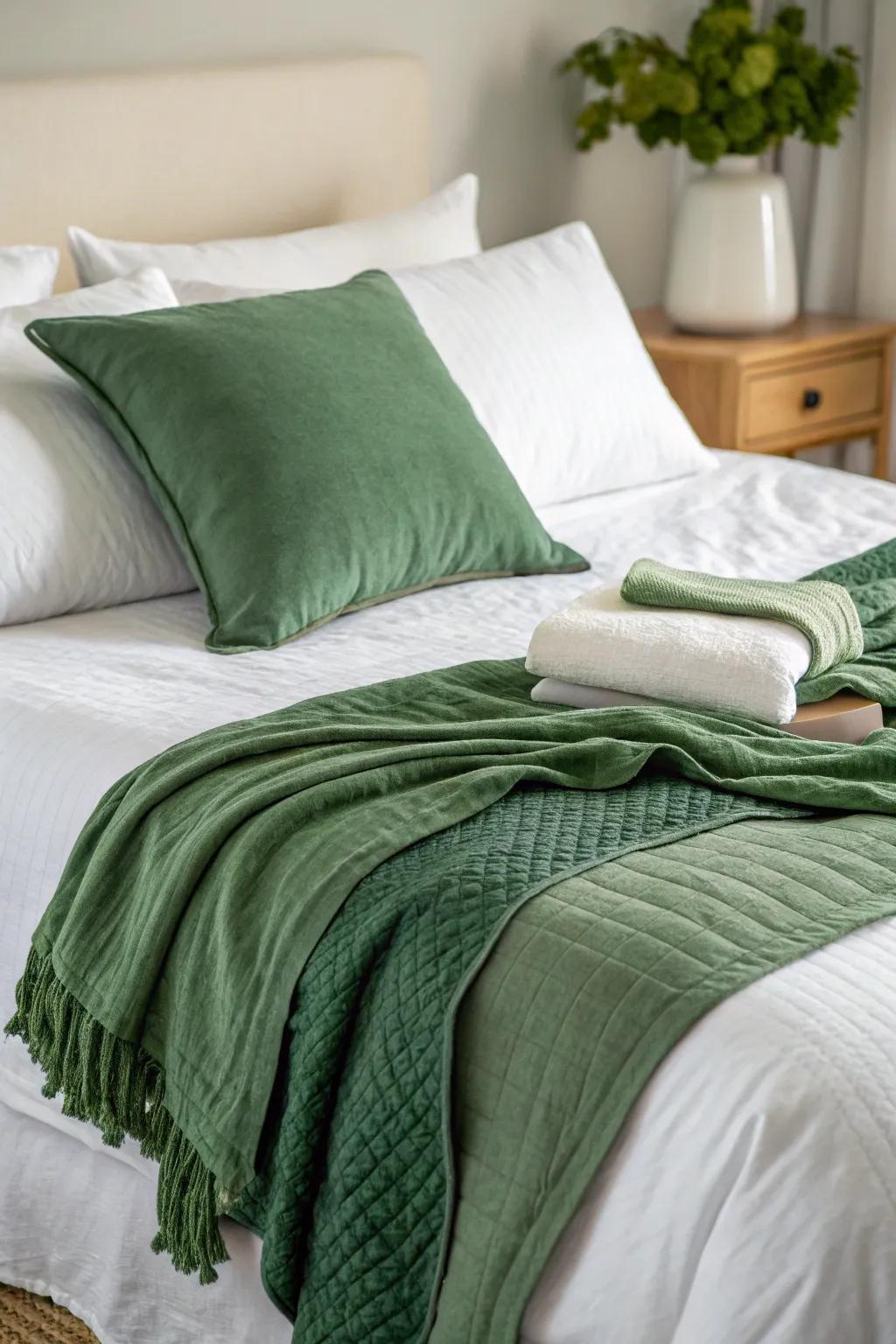 Layered fabrics enhance the comfort and aesthetic of a verdant and white bedroom.