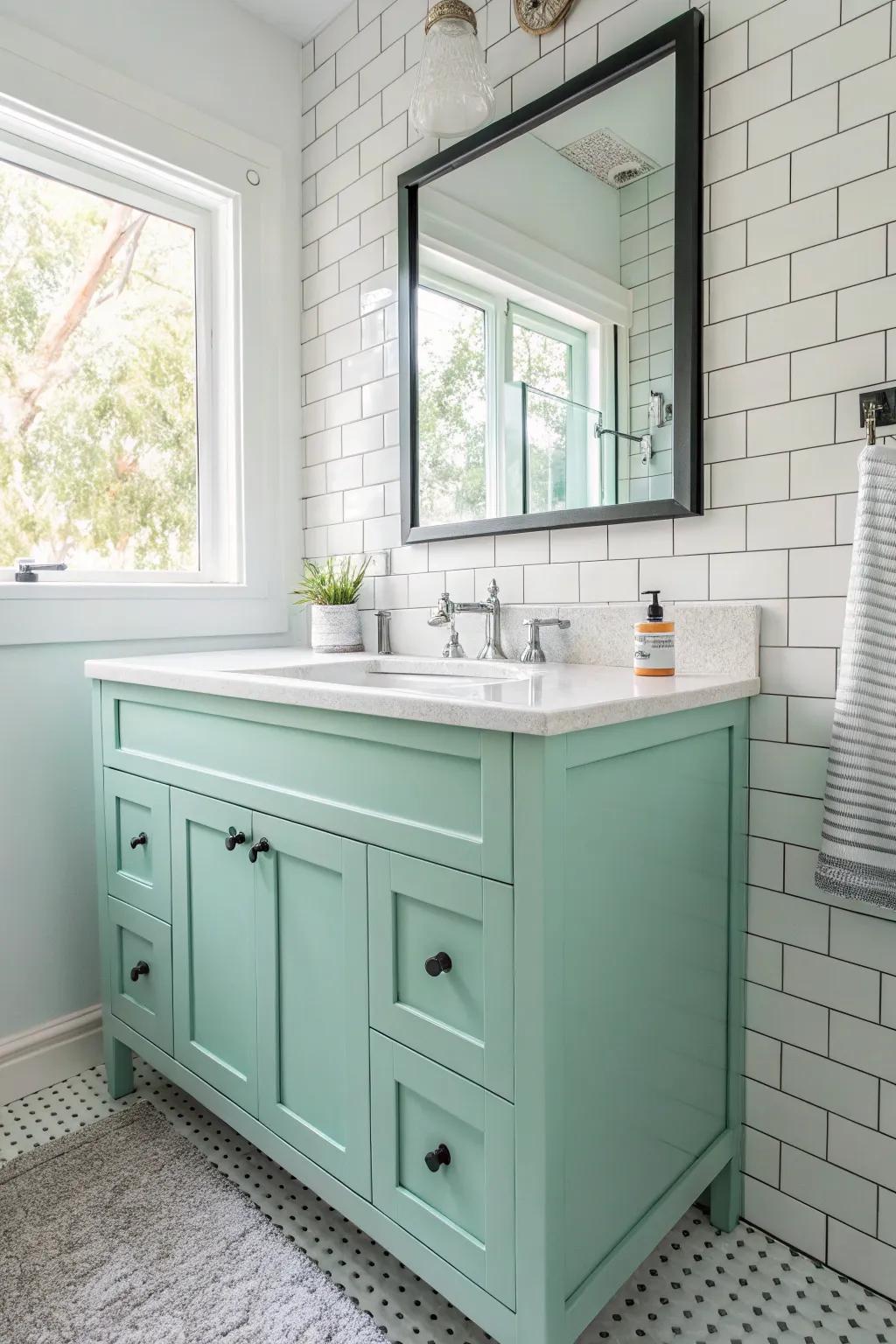 Mint green vanity that brings a coastal freshness to the space.