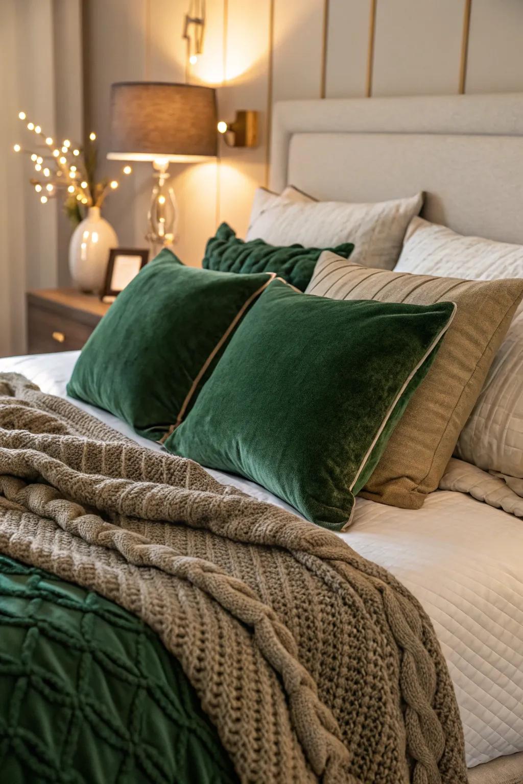 Plush green materials contribute texture and warmth to this welcoming bedroom.