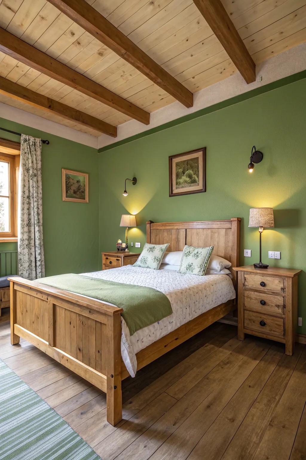 The green tones are complemented by natural wood components, resulting in a peaceful hideaway.