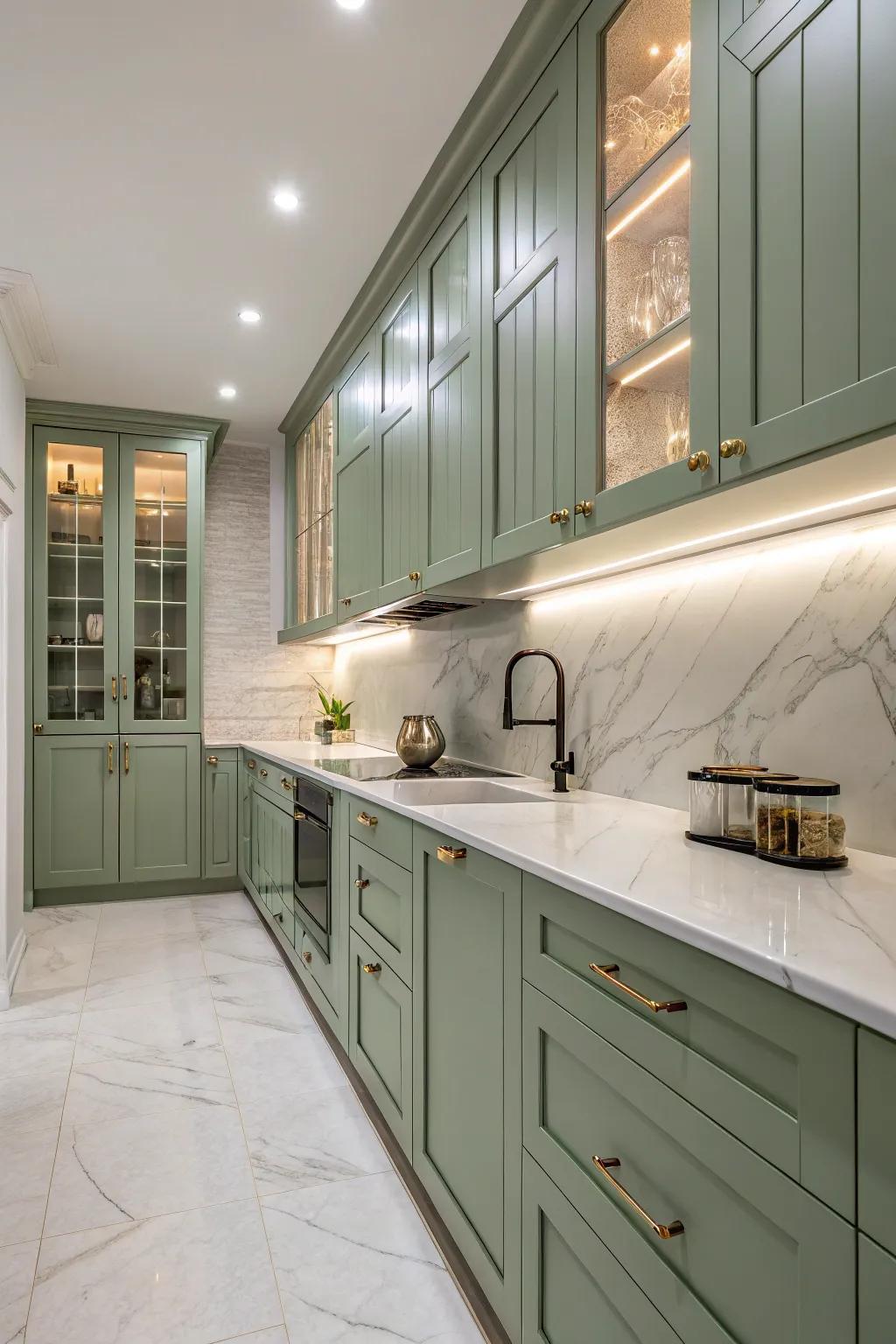Peaceful kitchen featuring herbal hued cabinets and soothing stone highlights.