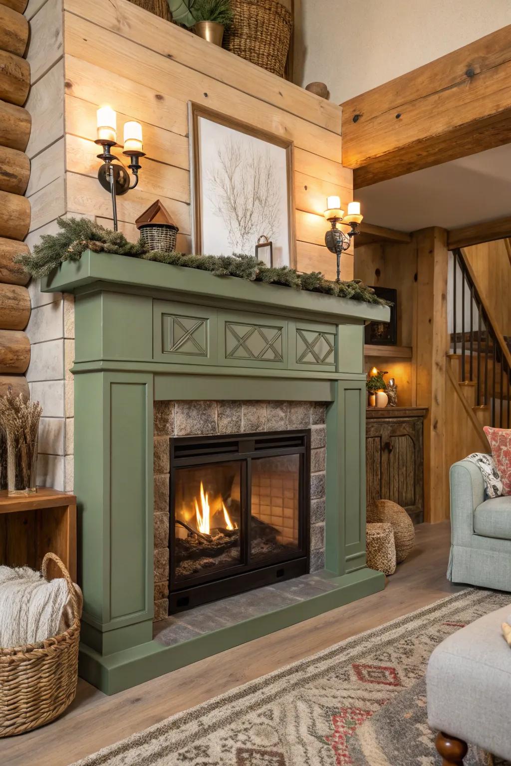 A fireplace showcasing a soothing muted green mantel alongside natural wood accents.