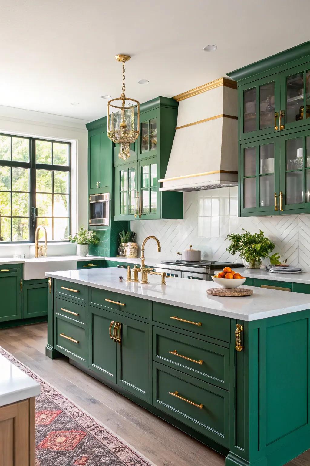 Jade green cabinets establish a striking and luxurious kitchen centerpiece.