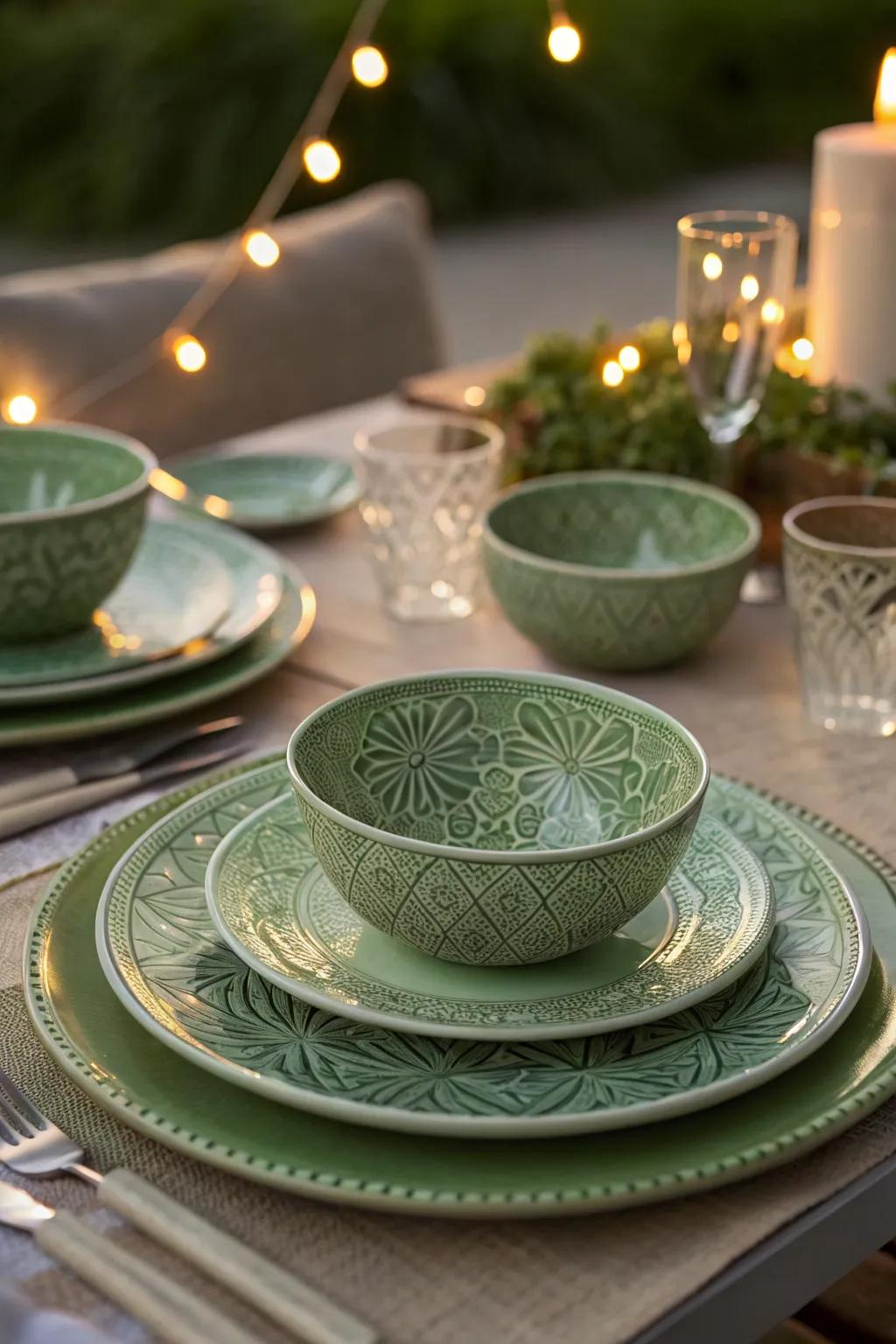 Sophisticated green tableware featuring detailed designs that catch the eye.