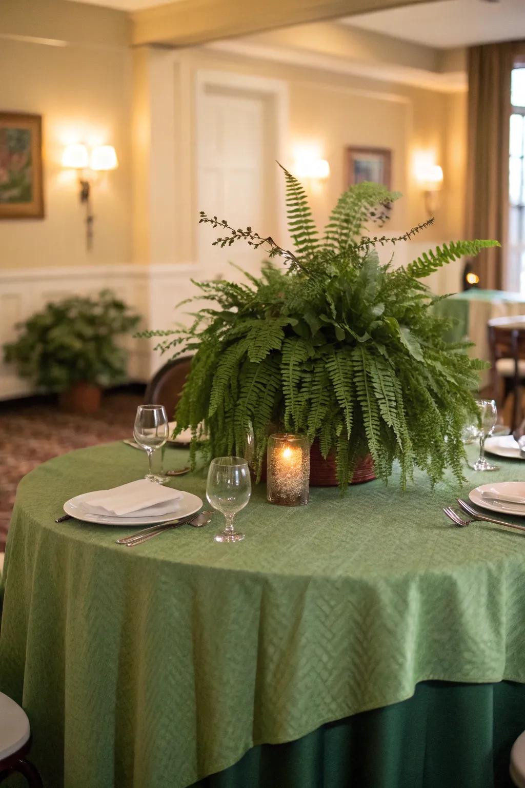 An exquisite dinner setup with verdant motifs.