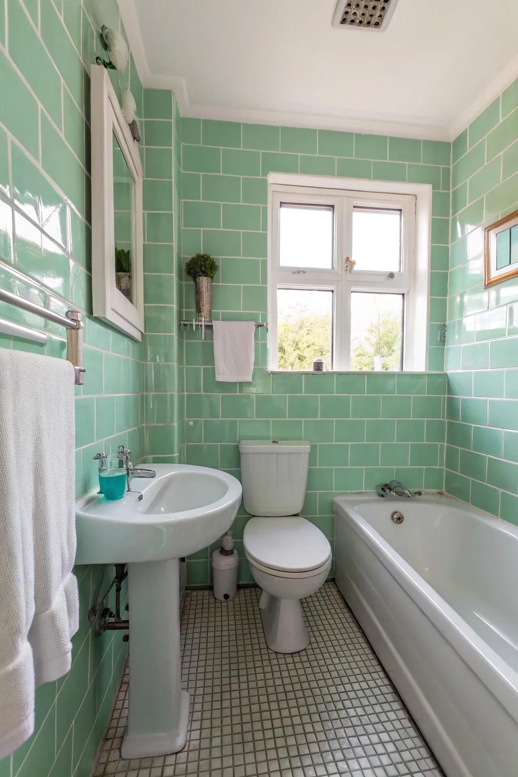 Mint green tiles make small spaces feel open and fresh.