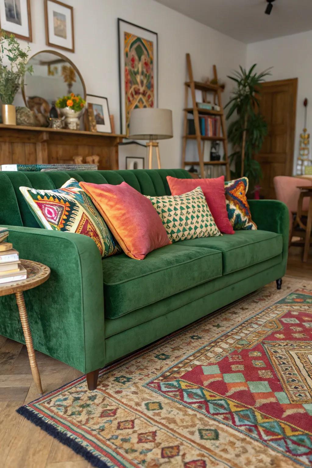 A diverse living space featuring an emerald plush sofa and vibrant accessories.