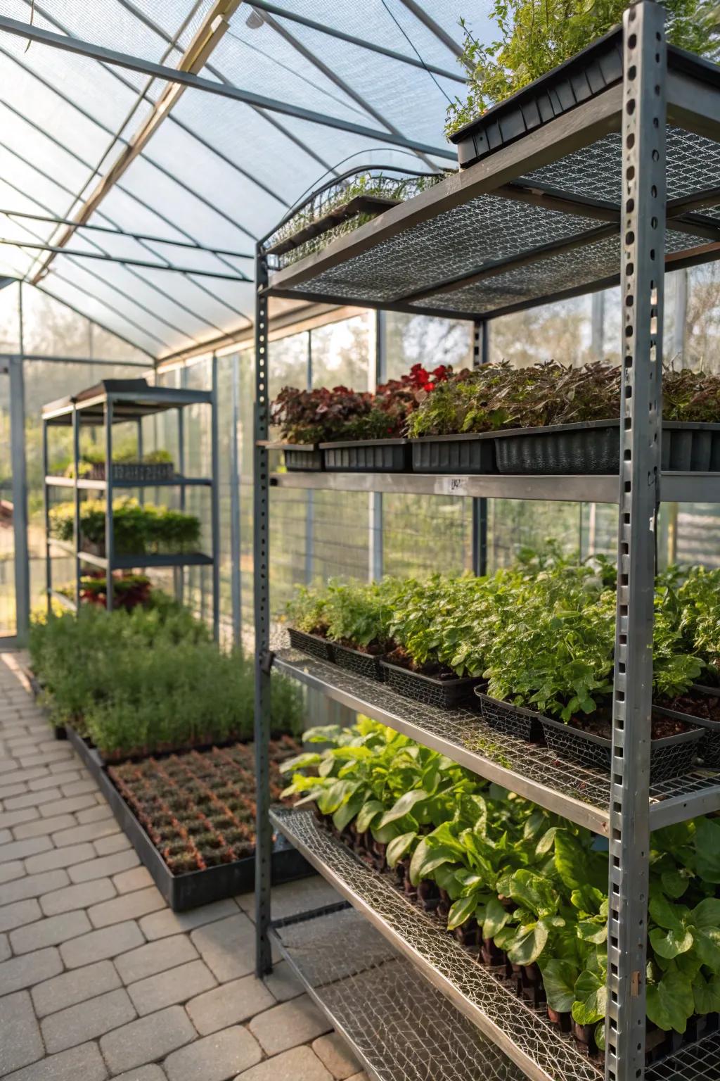 Modern mesh wire racks ensure light and air reach every plant.