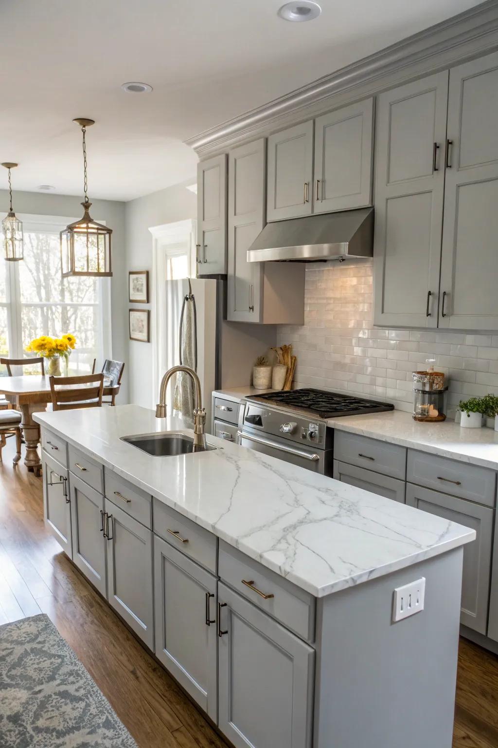 Elegant white stone worktops gracing a grey and white kitchen