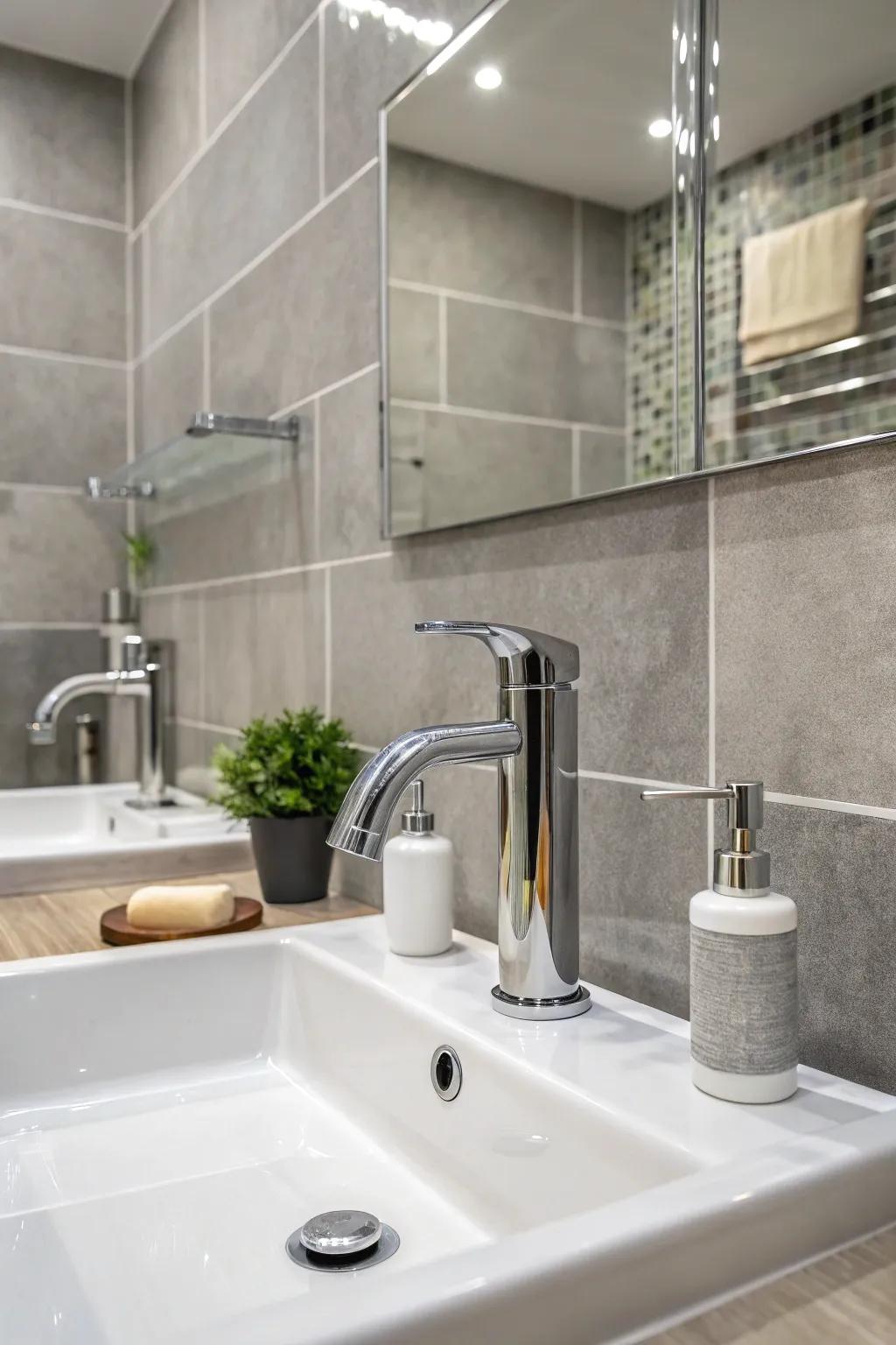 Sleek chrome fixtures add a modern touch to the grey bathroom.