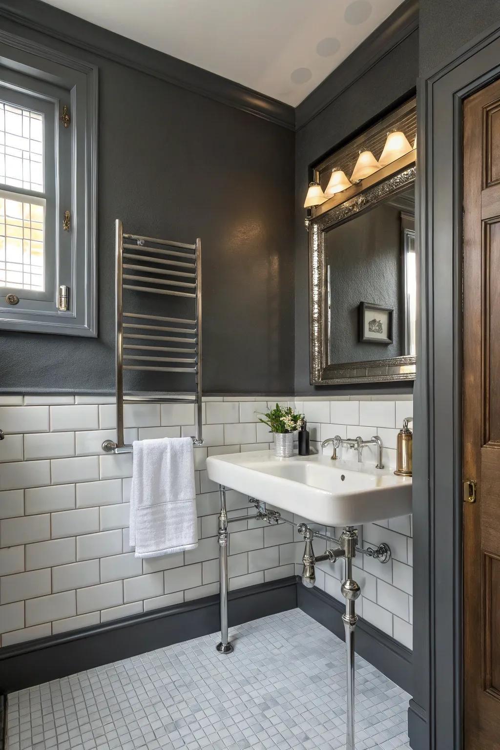 Deep grey walls give depth and intrigue to this stylish bathroom.