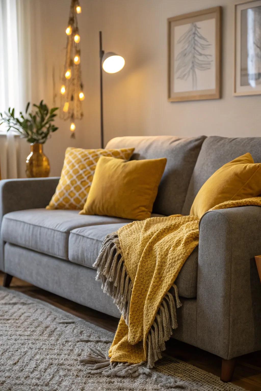 A grey sofa energized with dashes of saffron yellow.