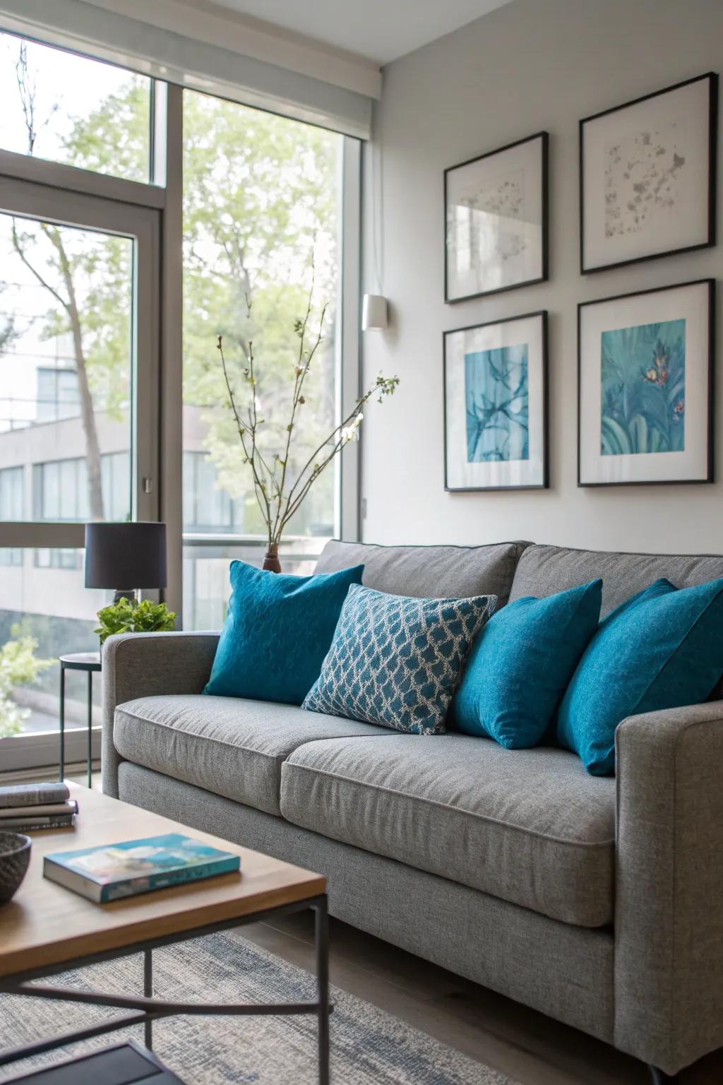 Bold blue pillows enliven a grey couch, adding vibrancy and character.